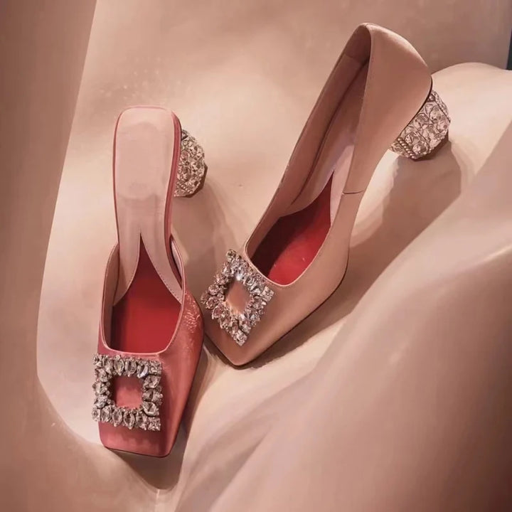 New Rhinestone Pumps Women Square Toe Slip-on Mules Female Crystal High Heels Women Dress Shoes Women sandalias de las mujeres