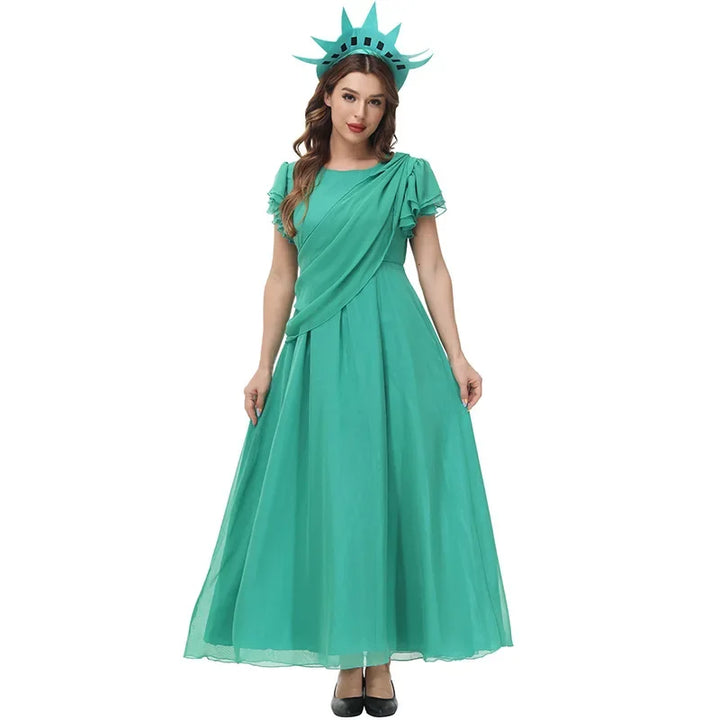 Halloween Carnival Costume Adult and Kids Girls Green Chiffon Party Dress World Statue of Liberty Cosplay Greek Goddess Costume