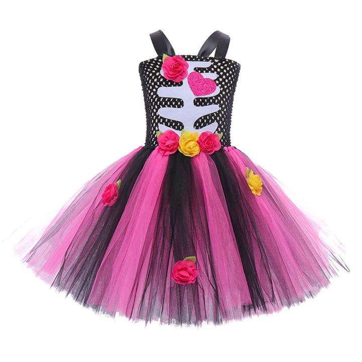 Halloween Kids Dress Cosplay Heart Print Skeleton Costumes Girls Floral Skull Tutu Clothes Children Carnival Performance Outfits