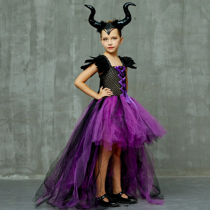 Halloween Children Costume Tulle Dress Girls Cosplay Vestidos Party Evil Queen Mesh Princess Dress Kids Crow Wand