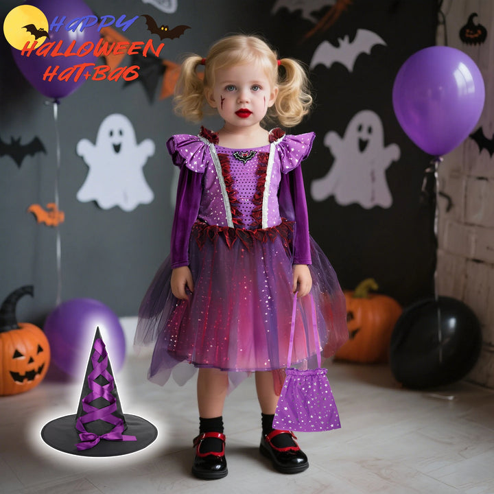 Halloween Children Girls Witch Party Dress Gothic Ghost Costume Kids Gown Robe Tutu Dress Witch Hat For Purim Carnival Party
