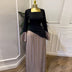 Women Patchwork Flare Long Sleeve U-collar Pleated Big Swing Maxi Long Dress perfect for special occasions.