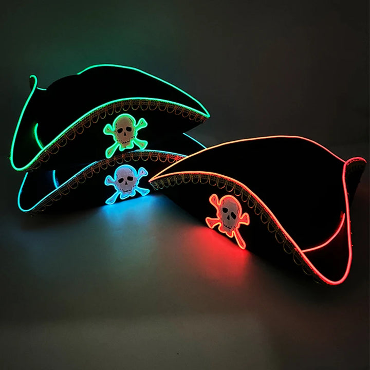 Halloween LED Light Black Pirate Hat For Adult Pirate Theme Party Glowing Cap Cosplay Costume Luminous Hat With Skull Pattern