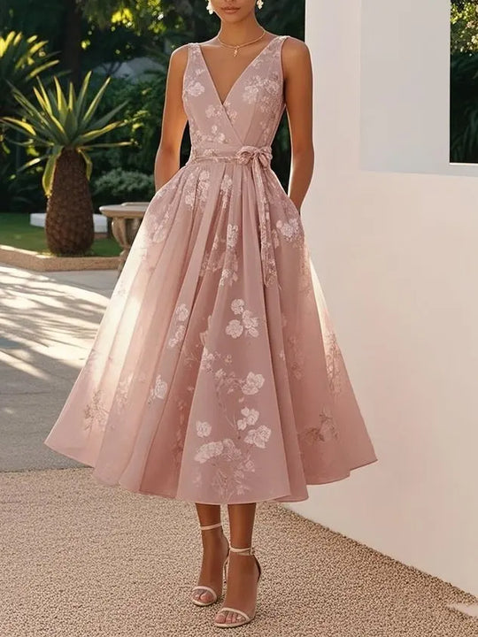 Stylish  Printed Dress Elegant V-neck Mesh Sleeveless Waist Cinched Bow Long and Formal Dress.