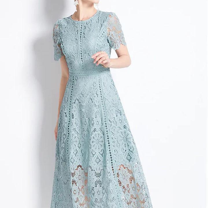 JAMERARY Vintage Holiday Lace Hollow Out Prom Dress For Women's Slim Elegant Short Sleeve Long Dress Female Clothing