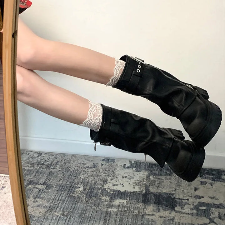 Winter Women Biker Boots Fashion Belt Buckle Ladies Elegant Platform Flats Short Booties Casual Women's Knight Booties