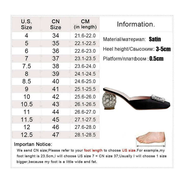 New Rhinestone Pumps Women Square Toe Slip-on Mules Female Crystal High Heels Women Dress Shoes Women sandalias de las mujeres