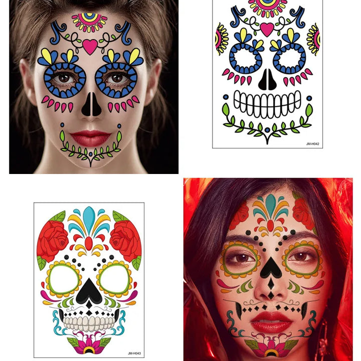 1Sheet Waterproof Sweatproof Day of the Dead Masquerade Spooky Makeup Temporary Stickers Halloween Face Tattoo Stickers