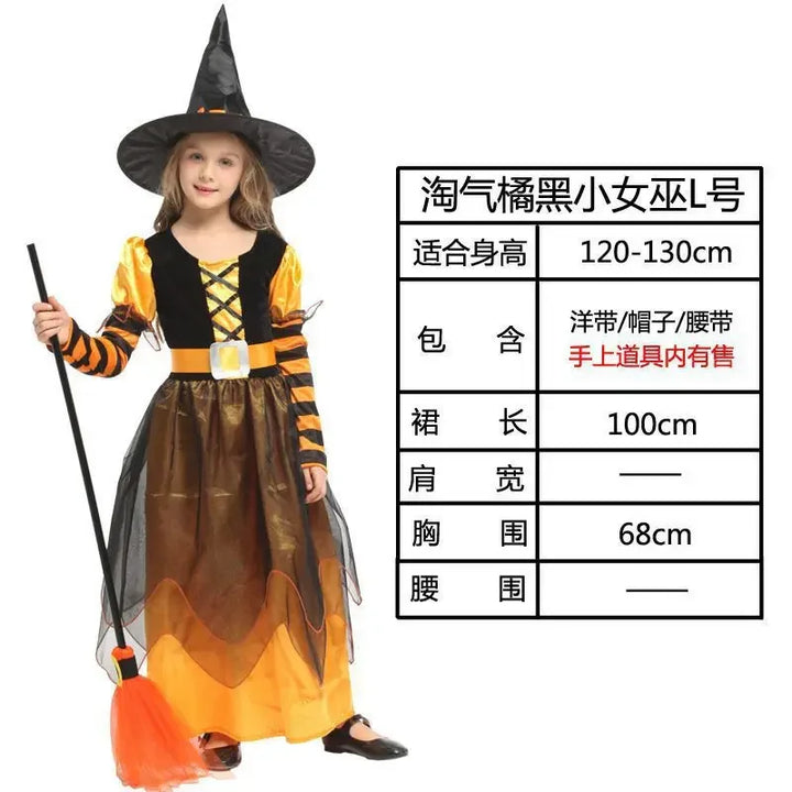 Halloween Party Costumes Purple Witch Dress for Girls Kids Mesh Long Sleeves Carnival Witch Clothes Cosplay Dress Hat Broom Suit