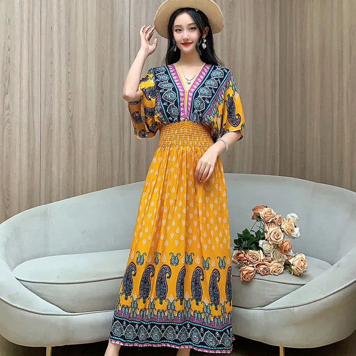V-neck Large Skirt Hem Casual Sweet Long Dress Bat Sleeves Elastic Waist Bohemian Print Floral Elegant .
