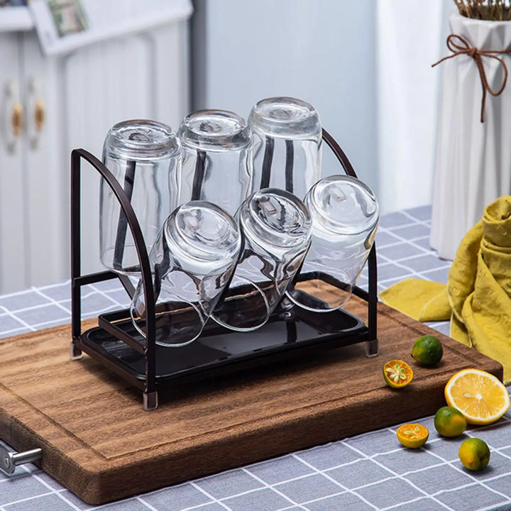 6 Slot Mug Drying Rack Non Slip Silicone Cup Organizer for Kitchen Counter Modern Steel Dish Drainer with Water Catcher Tray