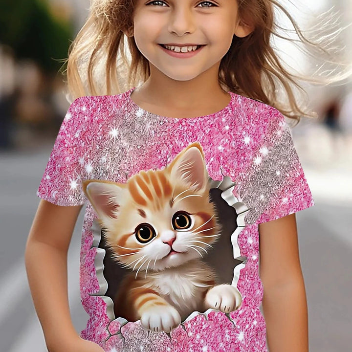 T-Shirt for Girls Cute Kitten Girls Clothes Kids T-Shirt Summer Short Sleeve Children Outdoor Sports Tops T-Shirt for Girls