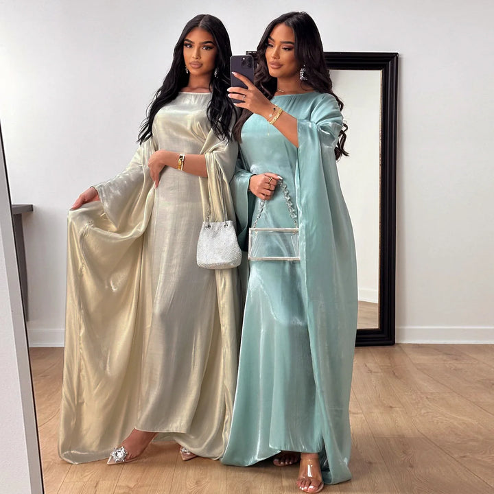 Tossy Autumn Loose Shiny Maxi Dress Butterfly Batwing Long Sleeve Muslim Clothes Party Solid Female Long Dress New