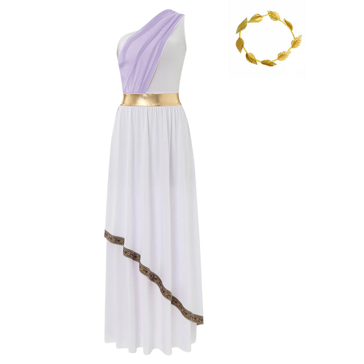 Women Halloween Ancient Greek Dress Ancient Greek Toga Costumes Robe One Shoulder Chiffon Overlay Tunic Dress with Headwear