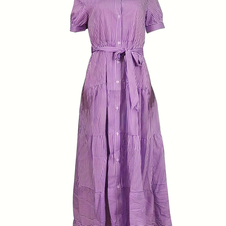 New Fashion Stripe Printed Short Sleeve Loose Waist Strap Long Collar Ankle Single Breasted Dress