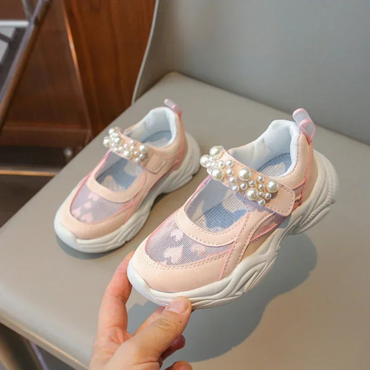 Children's Sneakers New Mesh Sports Shoes Spring Autumn Girls Fashion Shallow Breathable Pearl Tennis Kids Causal Flats