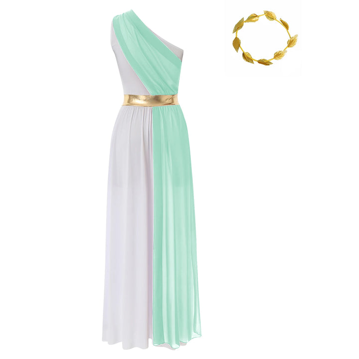 Women Halloween Ancient Greek Dress Ancient Greek Toga Costumes Robe One Shoulder Chiffon Overlay Tunic Dress with Headwear