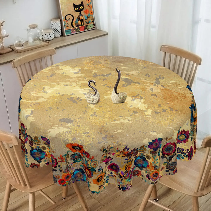Retro Bohemian Mandala Style Tablecloth + 4Pcs Self-Adhesive, Retro Creative Mandala Style Floral Pattern Tablecloth, Kitchen Accessories, Edge Embossing Process, 5 Sizes Optional, Rectangular Polyester Tablecloth, Round Colo