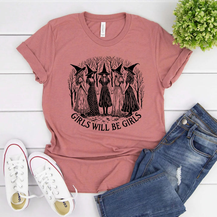 Halloween Girls Will Be Girls Witch Shirt Funny Witch Shirts Girl Power Halloween Women Vintage Clothes Witchy Vibes Tee Tops