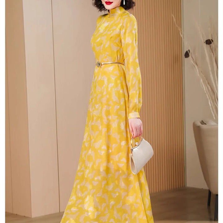 Jacquard Runway Dress Party Evening Long Sleeve Vintage Floral Yellow Long Dress Zipper Photography Occasion