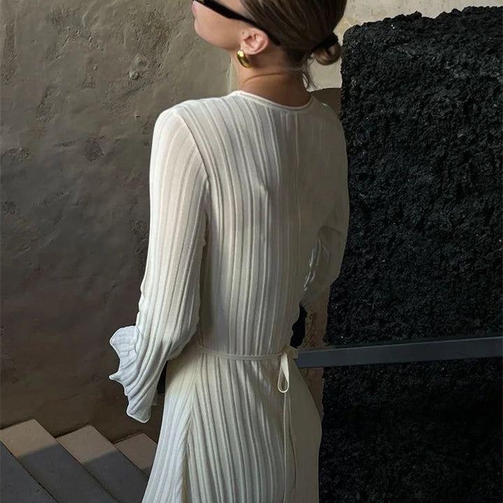 Tossy Knitwear Fashion Loose Maxi Dress Lace-Up High Waist Ribbed Long Sleeve Party