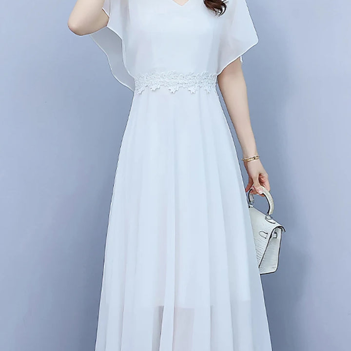 Long Elegant Dress White Chiffon /Black Butterfly Sleeve  Women Bodycon Chic Prom Night Dress