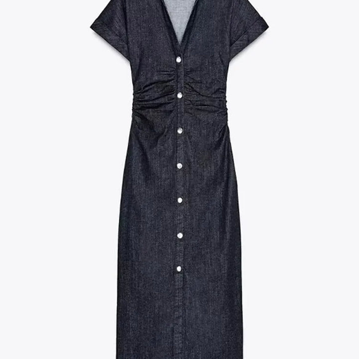 V-neck Denim Dress Fashion Slim Long Dress Chic Short Sleeves Single Button High.
