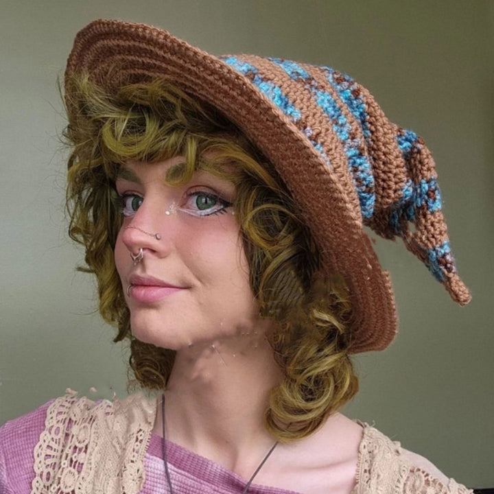 1PC Halloween Party Crocheted Witch Hats Party Wide Brim Pointed Hat Accessory Funny Cosplay Witch Hat with Stripes Photo Prop