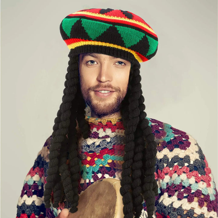 Handmade Crochet Knit False Braid Hat Jamaican Bob Rasta Beanie Cap Dreadlocks Wig Bob Marley Caribbean Fancy Dress Up Headwear