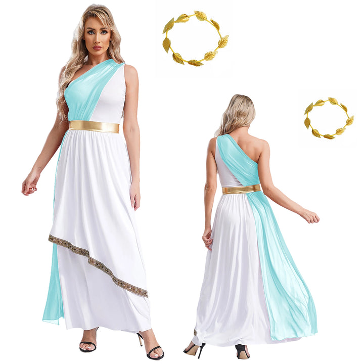 Women Halloween Ancient Greek Dress Ancient Greek Toga Costumes Robe One Shoulder Chiffon Overlay Tunic Dress with Headwear