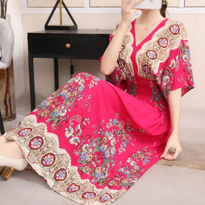 V-neck Large Skirt Hem Casual Sweet Long Dress Bat Sleeves Elastic Waist Bohemian Print Floral Elegant .