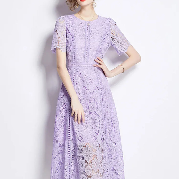 JAMERARY Vintage Holiday Lace Hollow Out Prom Dress For Women's Slim Elegant Short Sleeve Long Dress Female Clothing