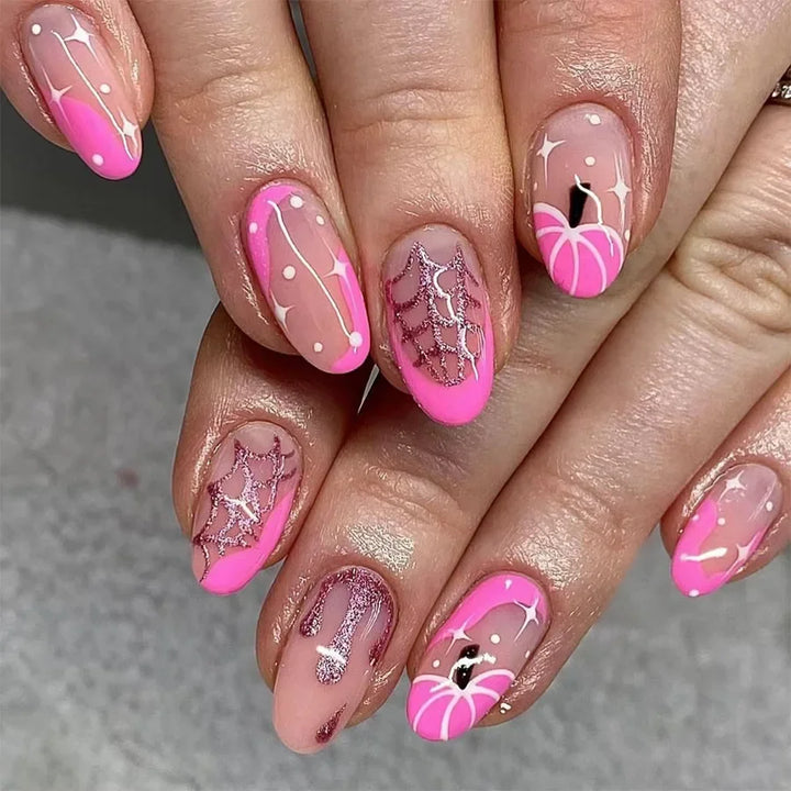 24Pc Halloween False Nails with Almond Head Designs Cute Clown Fake Nails French Full Cover Manicure Press on Nail Tips for Girl