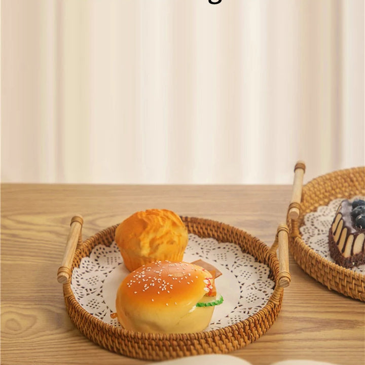 1PC Woven Rattan Storage Basket with Strap Handle round Tray for Bread Snacks Fruits Picnic - Home Organization Basket