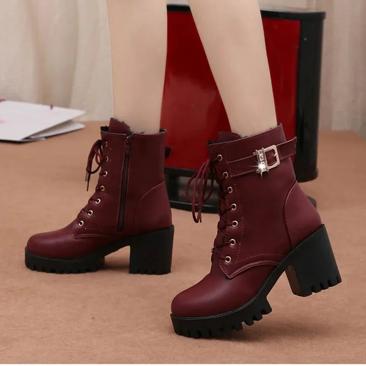Hot Sale 2022 Women Boots Lace Up Flat Biker  Wine Red Boots Shoes Buckle Woman Botas Women Boots
