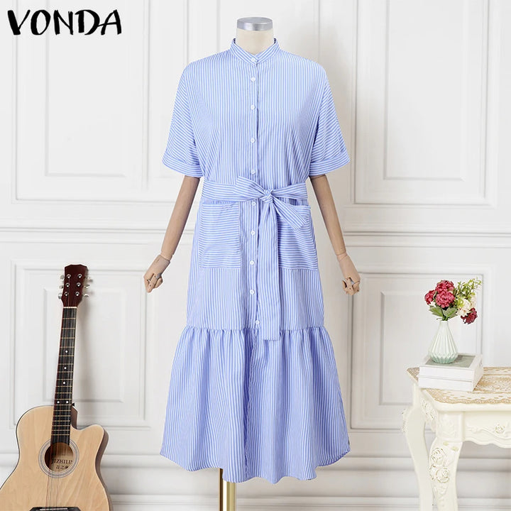 Elegant Striped Printing Short Sleeve Maxi Long Dress Casual Daily Bohemian.