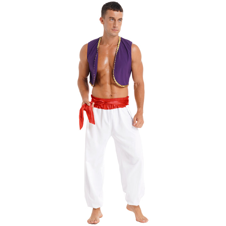Mens Halloween Costume Mythical Arabian Prince Carnival Cosplay Party Outfit Sequin Trim Waistcoat with Belted Pants