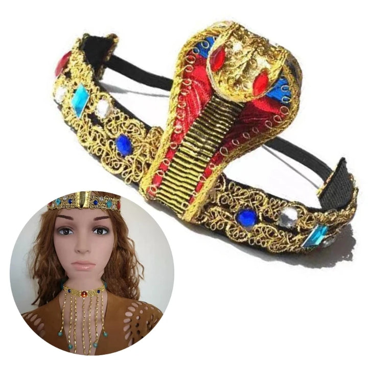 Halloween Egyptian Costume Accessories Egyptian Cobras Headpiece Beaded Tassels Necklace Decoration for Dressing Party