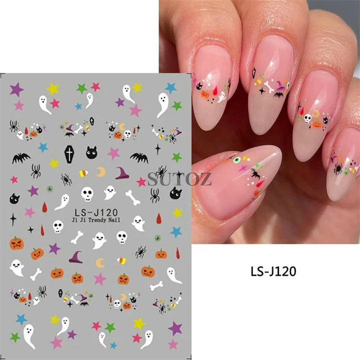 Halloween Nail Art Stickers Cute Halloween Nail Decals Self-Adhesive Ghost Pumpkin Bat Cat Skull Holiday Designs Nail Supplies