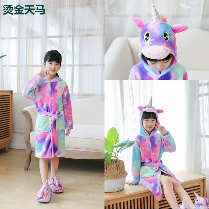 Children Bathrobe For Girls Kigurum Unicorn Pyjamas Kids Colar Fleece Boys Bathrobes Nightgown Baby Sleepwear Hooded Bath Robe