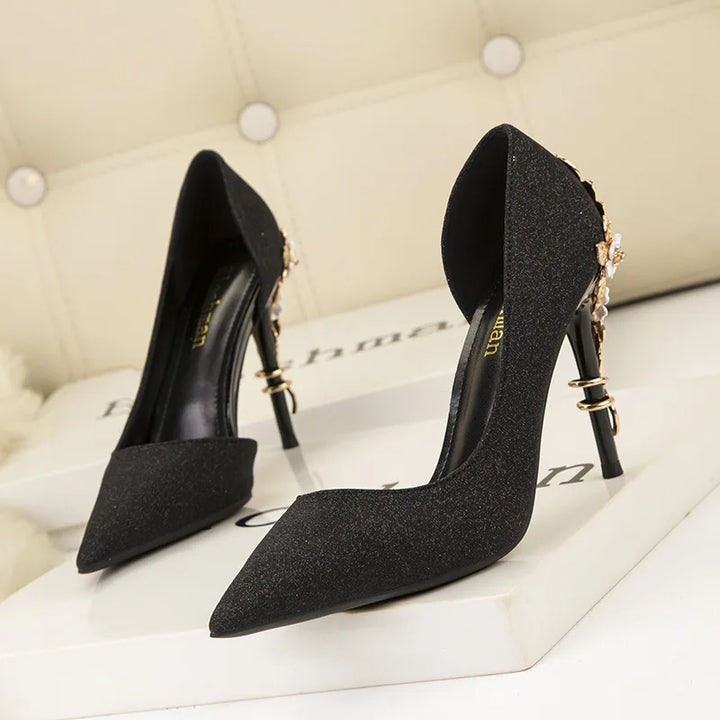 Light Luxury Sexy Women Dress Shoes 2025 Autumn Metal Flower Fashion High Heel Wedding White Pointed Sequins Shiny Female Pumps