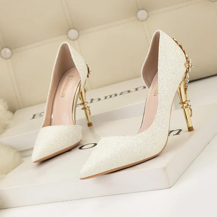 Light Luxury Sexy Women Dress Shoes 2025 Autumn Metal Flower Fashion High Heel Wedding White Pointed Sequins Shiny Female Pumps