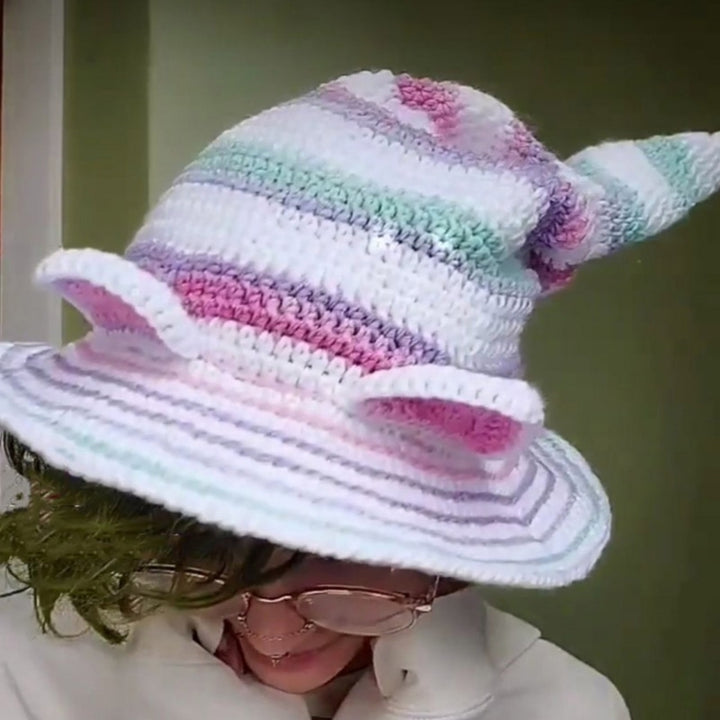 1PC Halloween Party Crocheted Witch Hats Party Wide Brim Pointed Hat Accessory Funny Cosplay Witch Hat with Stripes Photo Prop