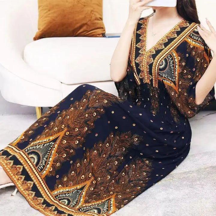 V-neck Large Skirt Hem Casual Sweet Long Dress Bat Sleeves Elastic Waist Bohemian Print Floral Elegant .