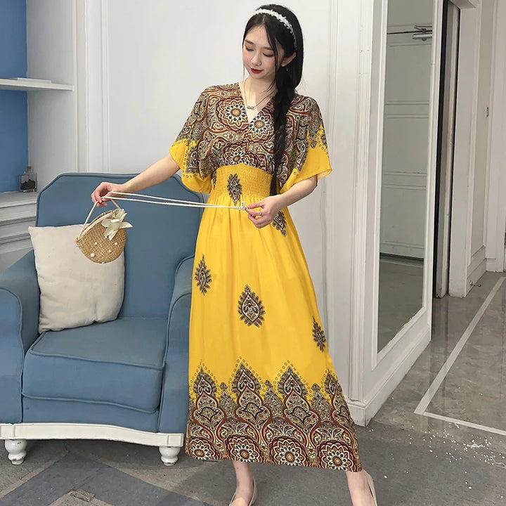 V-neck Large Skirt Hem Casual Sweet Long Dress Bat Sleeves Elastic Waist Bohemian Print Floral Elegant .