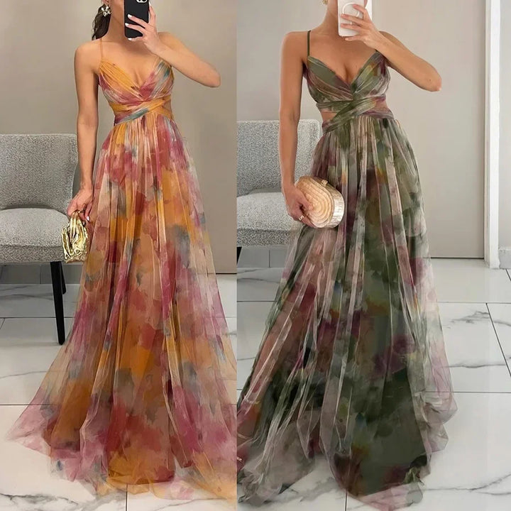 Out Party Dress, Loungewear Fashion Printing Maxi Dress, Sleeveless Lace-Up