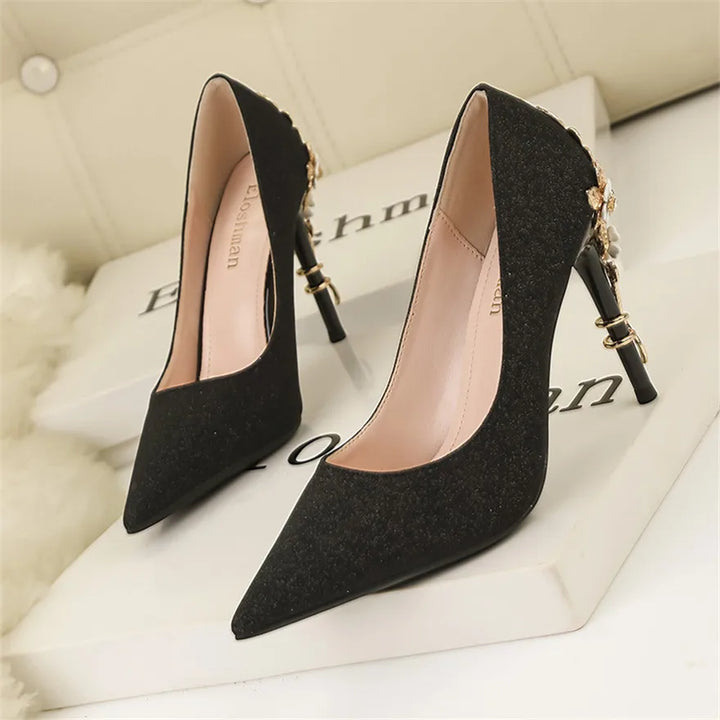 Light Luxury Sexy Women Dress Shoes 2025 Autumn Metal Flower Fashion High Heel Wedding White Pointed Sequins Shiny Female Pumps