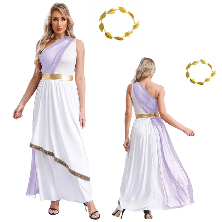 Women Halloween Ancient Greek Dress Ancient Greek Toga Costumes Robe One Shoulder Chiffon Overlay Tunic Dress with Headwear
