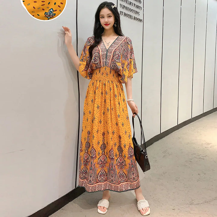 V-neck Large Skirt Hem Casual Sweet Long Dress Bat Sleeves Elastic Waist Bohemian Print Floral Elegant .