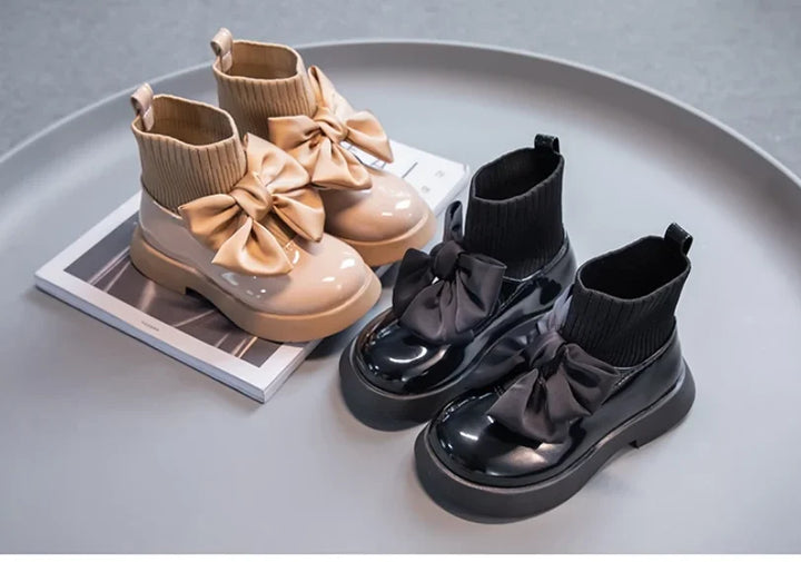 Children's Boots Fashion PU Solid Black Bow Girls Uniform 2025 Spring and Autumn New Kids Fashion Flying Knit School Socks Shoes